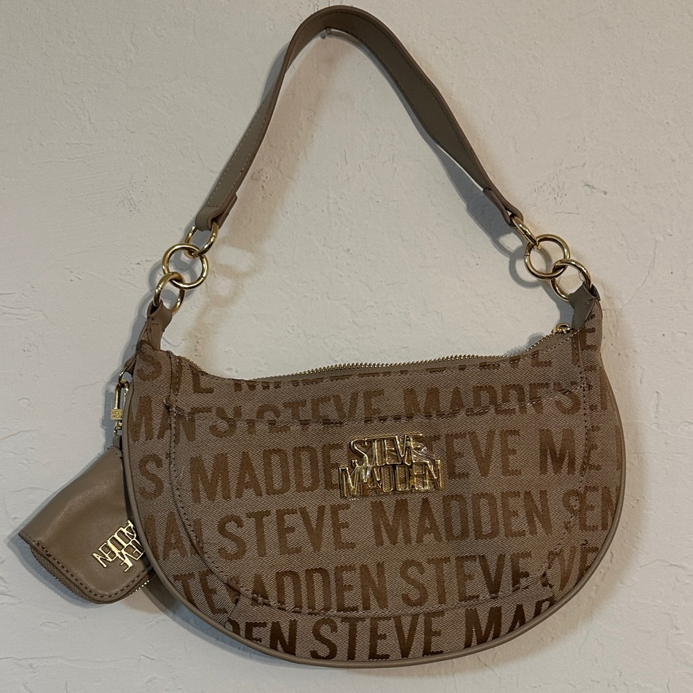 Steve Madden Logo Jacquard Shoulder Bag – Beige/Tan, Gold Hardware, Zipper Close